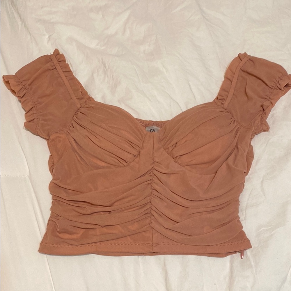 Mono B Brown Ruched Ruffled Blouse